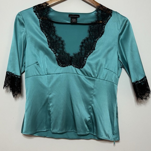 Moda International Tops - Vintage Y2K Silk & Lace Top M  Turquoise 3/4 Sleeve V-Neck Coquette FairyCore